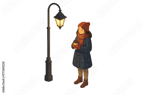 Caucasian female enjoying warm drink by streetlight in snowy winter scene