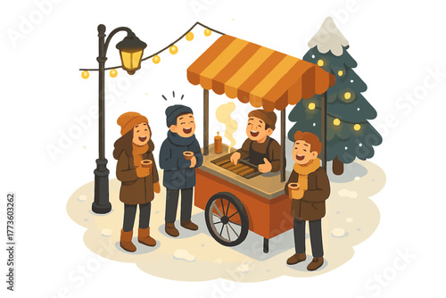 Joyful group enjoying winter evening at festive food stall with hot drinks