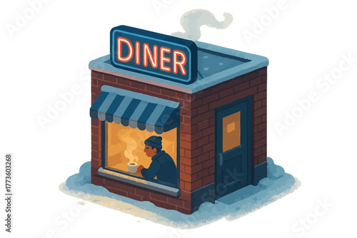 Cozy winter diner scene with caucasian adult male enjoying hot beverage