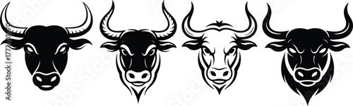 Set of Majestic Bull and Ox Head Silhouettes: Powerful Livestock, Farm Animal, Strong Symbol, Agriculture, Ruminant, Horned Creature, Mascot, Emblem, Icon, Vector, Illustration, Black, White, 