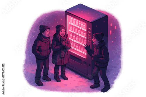 Young caucasian teens enjoying winter night by illuminated vending machine
