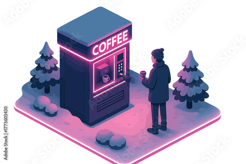 Young caucasian male using neon-lit coffee vending machine in winter scene