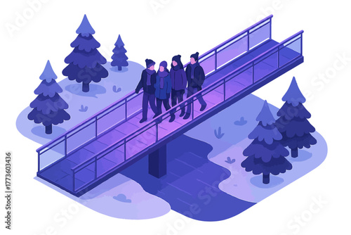 Isometric night scene of diverse young adults walking on a bridge in winter forest