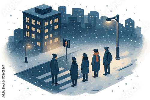 People waiting to cross snowy city street at night