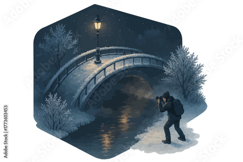 Night photographer captures snowy footbridge in winter wonderland