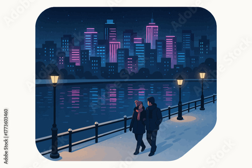 Couple strolling on snowy riverbank with city skyline at night