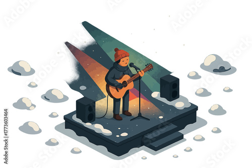Young caucasian male guitarist performing outdoors on snowy stage under colorful lights