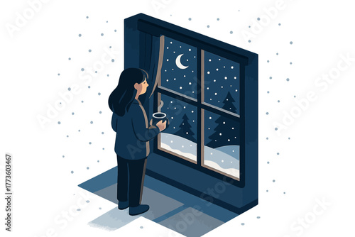 Young female gazing at snowy winter night through window