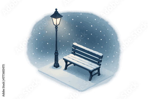 Snow-covered bench and lamp post on wintry night