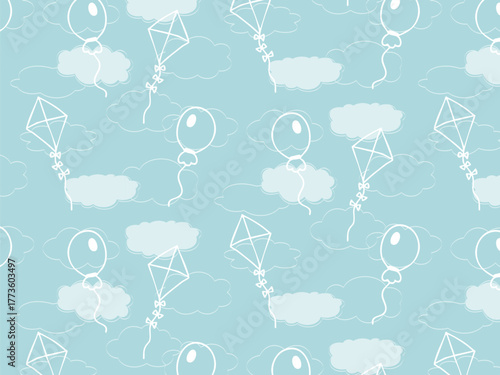 Seamless aesthetic, light pattern of vector pastel clouds with balloon and kite on blue sky