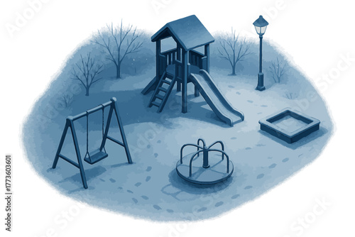 Snow-covered night playground with swings and slide under streetlight