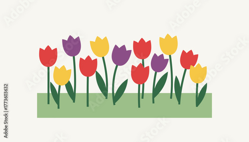 A field of tulips sways gracefully their vivid colors creating a palette of reds yellows and purples against the lush backdrop of grass.