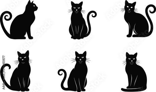 Black cat illustration, cute feline silhouette, spooky Halloween design, minimalist animal art, curled tail posture, mysterious pet drawing, whiskers detail, vector