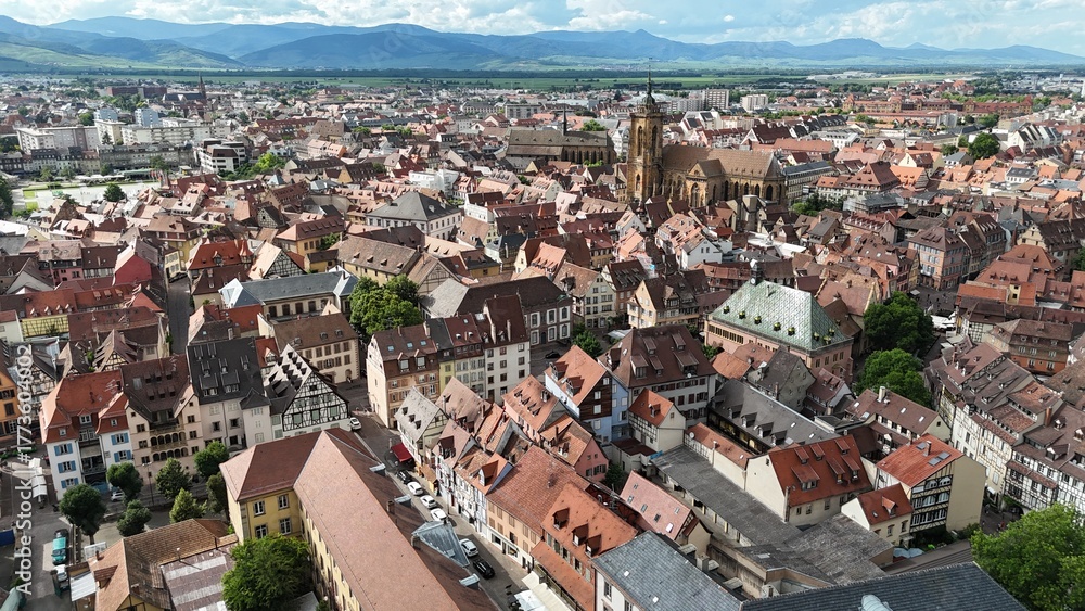 Obraz premium Colmar France old town centre drone, aerial low angle