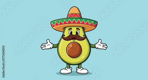 A cartoon avocado wearing a sombrero and a mustache, with its arms outstretched in a welcoming gesture.