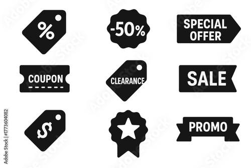 Shopping and discount silhouette icons set. featuring percentage, special offer, coupon, clearance, sale, promo.