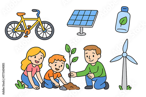 Environment and energy flat icon set. featuring recycling, solar panel, wind turbine, planting, bike, and bottle
