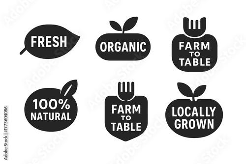 Farming and organic food silhouette icon set. featuring fresh, organic, farm to table, 100 natural, locally grown symbols.