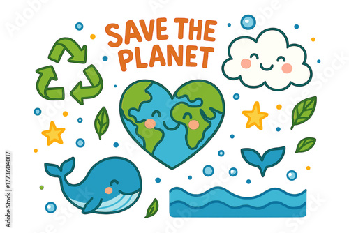 Environmental awareness flat icon set. featuring recycling, earth, cloud, whale, wave, star, and leaf symbols