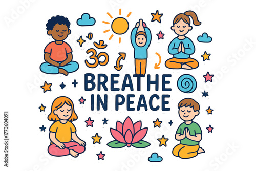 Yoga and meditation flat icon set. featuring sun, lotus, meditation pose, om symbol, and clouds