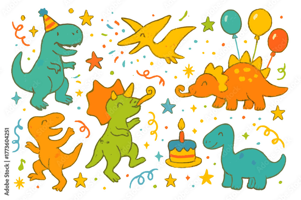 Obraz premium Kids party flat icon set. featuring dinosaur, balloon, cake, star, party hat, confetti, pterodactyl