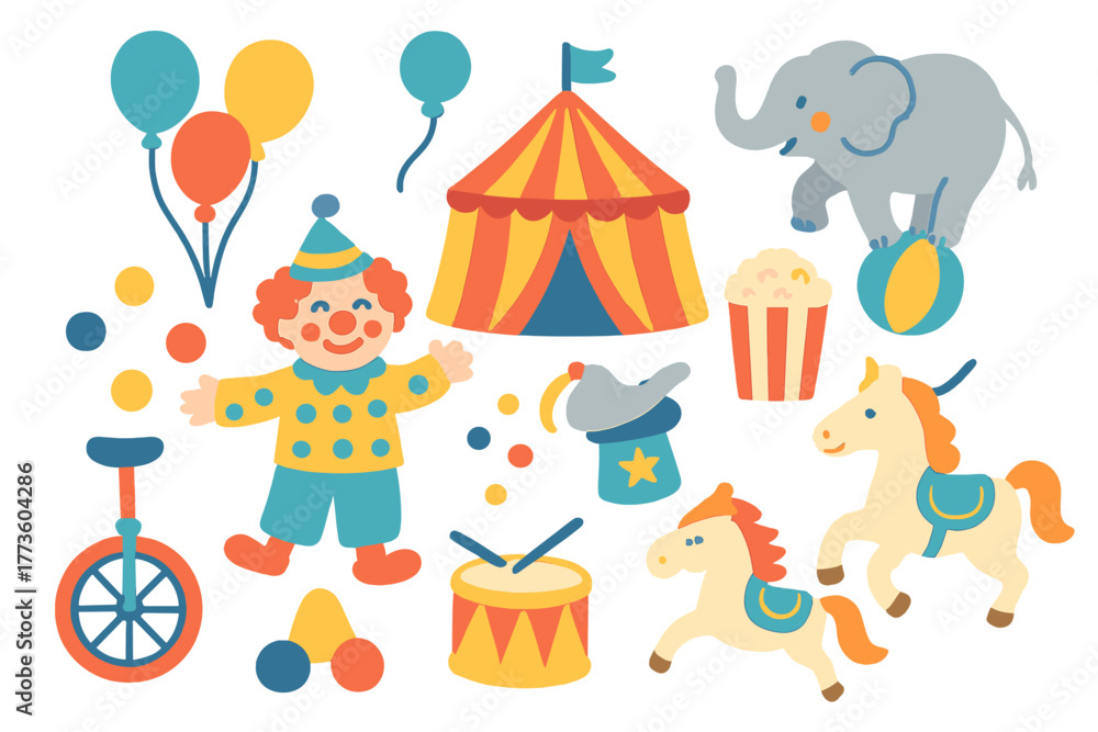 Naklejka premium Circus fun flat icon set. featuring clown, tent, unicycle, elephant, drum, popcorn, horse, balloons, magic hat