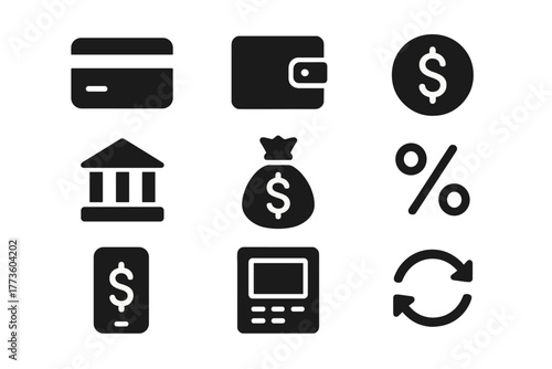 Finance silhouette icon set. featuring bank, cash, payment, dollar, credit card, and wallet symbols