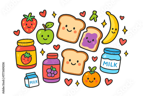 Food and beverage flat icon set. featuring strawberry, apple, bread, jam, banana, juice, milk, and orange symbols