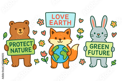 Environmental protection flat icon set. featuring bear, fox, bunny holding signs with nature messages