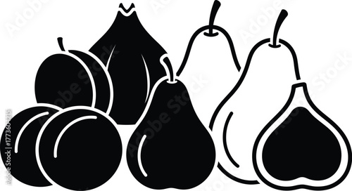 Still life illustration of plums, figs and pears isolated on white background