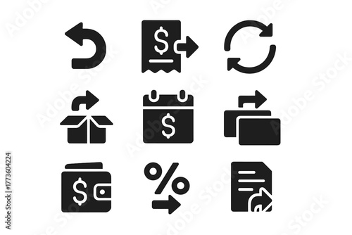 Finance silhouette icon set. featuring transaction, invoice, synchronization, tax, and wallet symbols