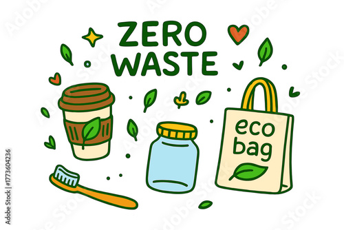 Zero waste flat icon set. featuring eco bag, reusable cup, jar, toothbrush, and leaves symbols