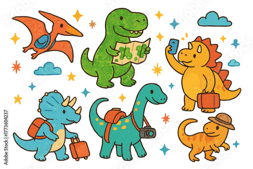 Travel silhouette icon set. featuring dinosaur, luggage, selfie, camera, map, and clouds symbols