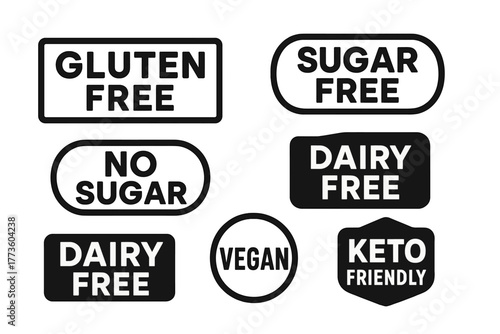 Food label silhouette icon set. featuring gluten free, sugar free, no sugar, dairy free, keto friendly, vegan icons