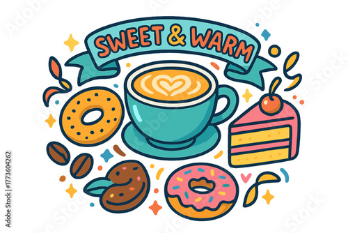 Coffee and pastry flat icon set. featuring cup, cake, cookies, doughnut, and sweets
