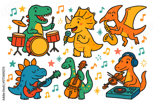 Music band flat icons set. featuring dinosaurs playing drums, guitar, saxophone, cello, violin, and dj turntable