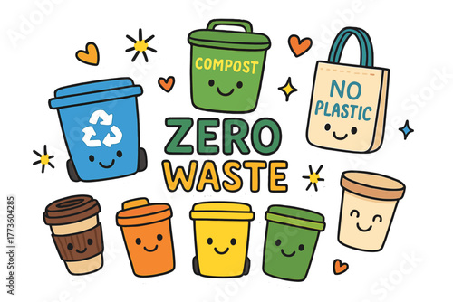 Zero waste flat icons set. featuring recycle bin, compost, no plastic bag, and reusable coffee cups