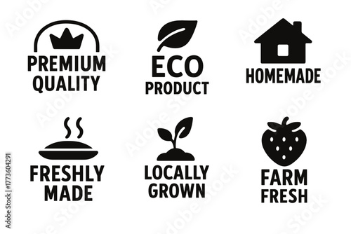 Organic food silhouette icon set. featuring premium quality, eco product, homemade, freshly made, locally grown, farm fresh