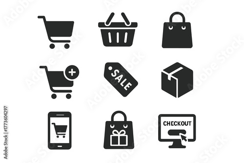 E-commerce silhouette icon set. featuring cart, basket, shopping bag, sale tag, package, mobile, checkout