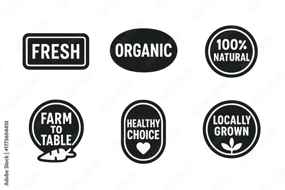 Obraz premium Food labels silhouette icon set. featuring fresh, organic, 100 natural, farm to table, healthy choice, locally grown