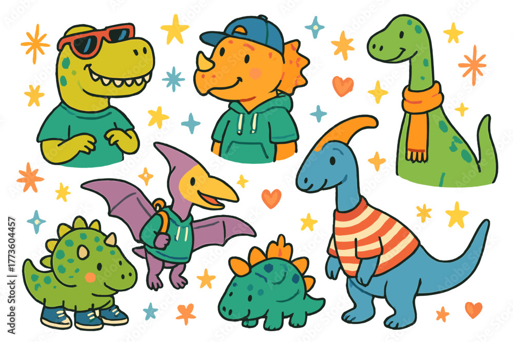 Fototapeta premium Dinosaurs flat icon set. featuring t-rex, triceratops, sauropod, pterodactyl, and stegosaurus