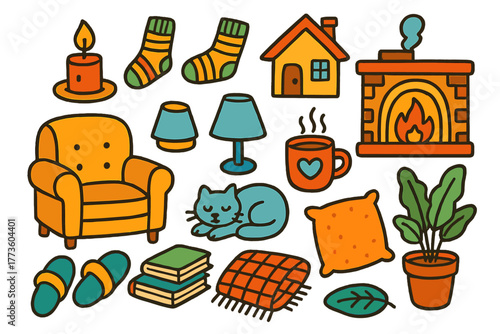 Cozy home vibes flat icon set. featuring fireplace, armchair, cat, pillows, books, socks, slippers, lamp, house