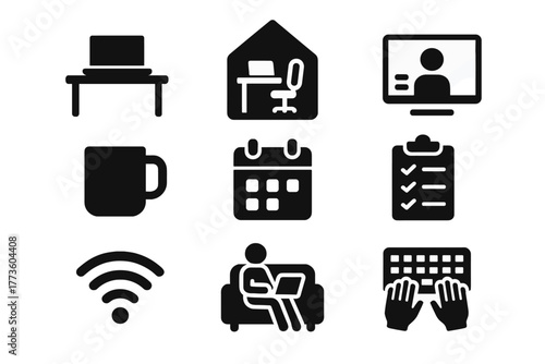 Home office work silhouette icon set. featuring desk, laptop, video call, coffee, calendar, checklist, wi-fi