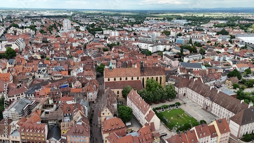 Schilderij op canvas Colmar France old town centre streets and roads  drone, aerial