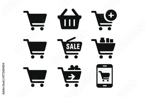 Shopping cart silhouette icons set. featuring cart, basket, sale, add to cart, mobile shopping symbols
