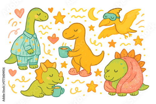 Cute dinosaur sleepy flat icon set. featuring bedtime, nightcap, dinosaur sleeping, snuggled, and tea cup symbols