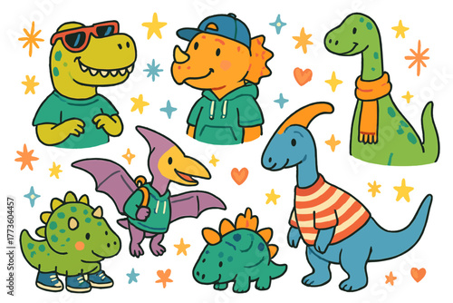 Dinosaurs flat icon set. featuring t-rex, triceratops, sauropod, pterodactyl, and stegosaurus