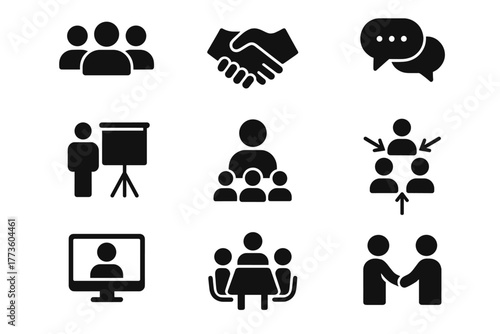 Business meeting silhouette icon set. featuring handshake, discussion, presentation, teamwork, video call, and networking