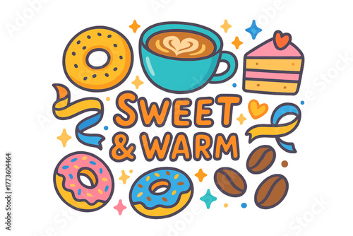 Bakery delights flat icon set. featuring coffee, donuts, cake, beans, ribbons, sweet and warm