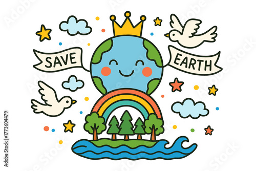 Environment flat icon set. featuring earth, crown, rainbow, dove, cloud, trees, save, stars, river, peace symbols